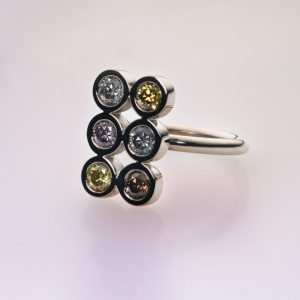 Six Diamond Cocktail Ring - Natural Coloured Diamonds and White Gold - by Cox and Power, London