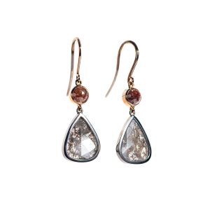 One-off platinum & rose gold drop earrings with rose-cut red-orange diamonds and monochrome diamond shards