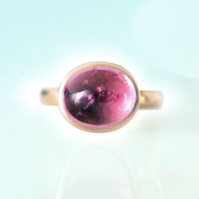 Cranberry ring Fairtrade rose gold with Oval Pink Tourmaline - by Cox and Power jewellers London