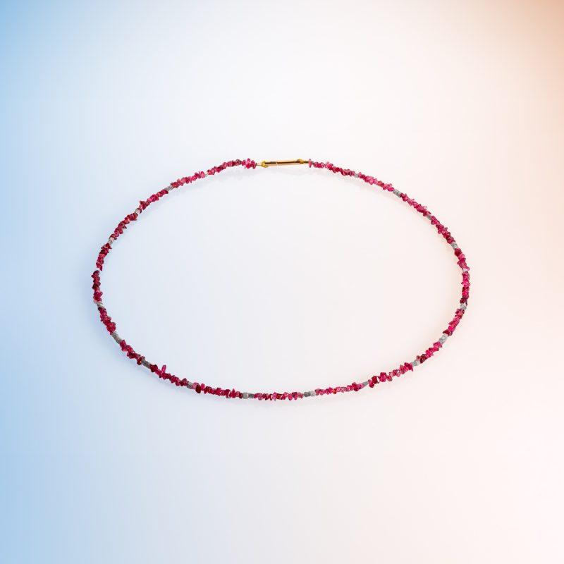Red Spinel Chip Bead and grey diamond bead Necklace by Cox and Power jewellers London