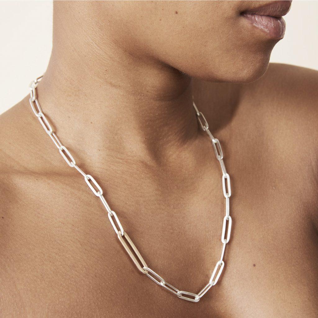 Forged Silver Link Necklace with Rose Gold Link- By Cox and Power jewellers London