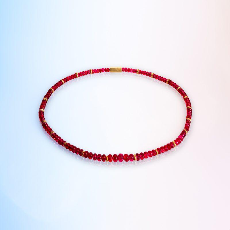 Red Spinel bead collar with gold beads Detail by Cox and Power jewellery London