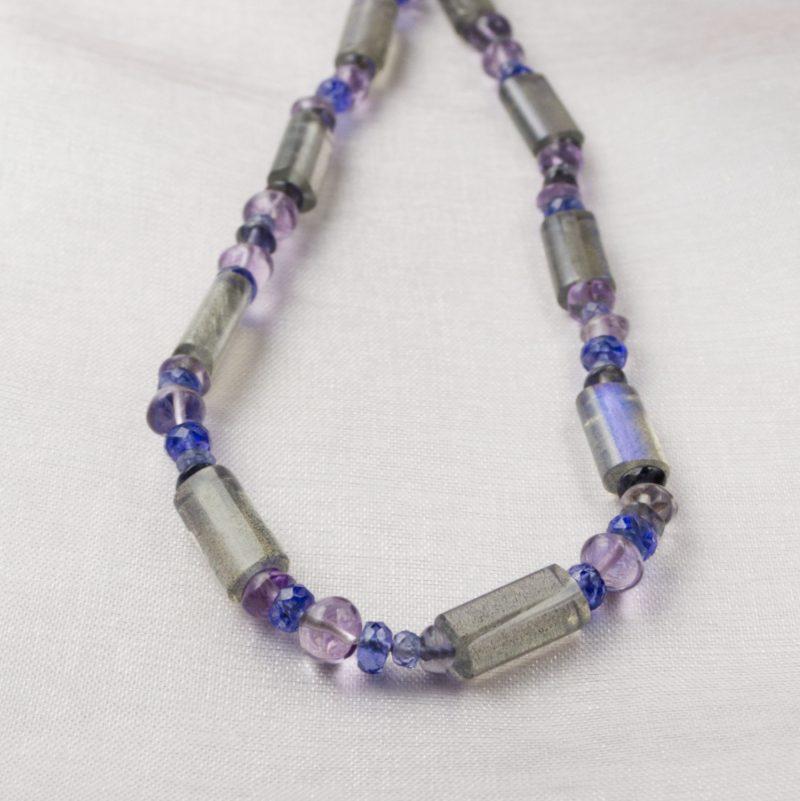 Labradorite-tube-necklace-with-tanzanite-amethyst-and-iolite-beads-with-platinum-clasp