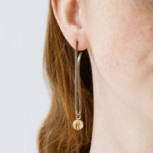 Long drop earrings in 18ct white gold with round citrine drops. Shown on model's ear.