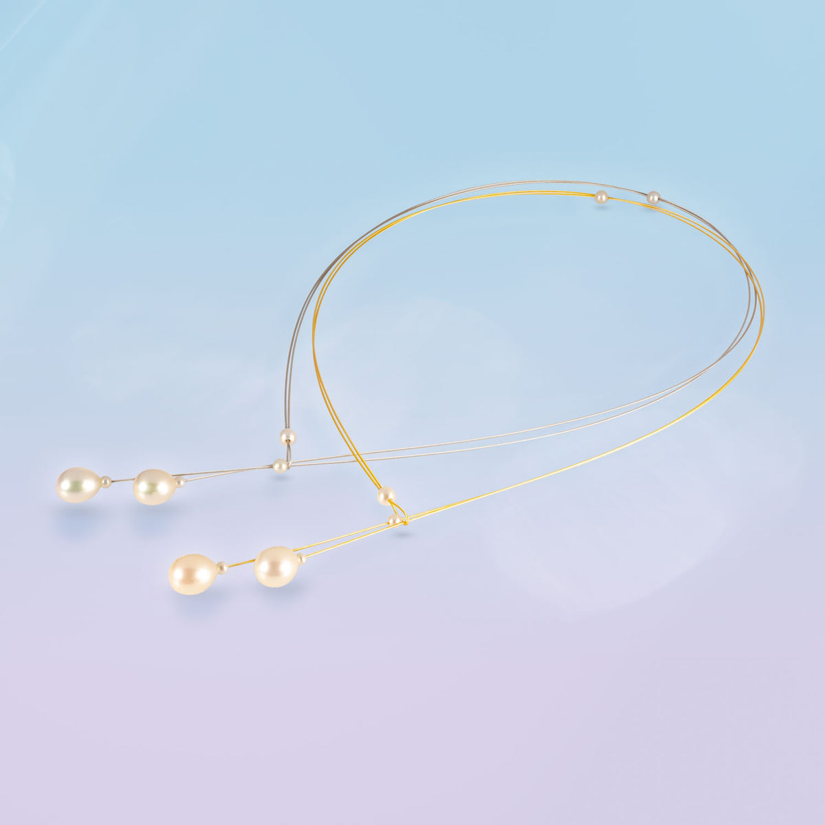 Eva Necklace with 5 Small and 2 Oval Pearl Drops - gold-plated-steel image