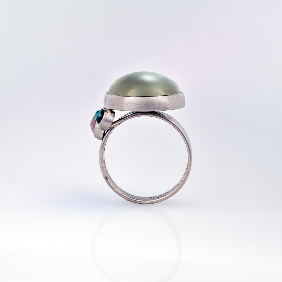 Lunar Ring with Moonstone, Diamond and Green Tourmaline in Fairtrade and Fairmined Platinum