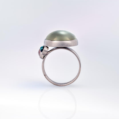 Lunar Ring with Moonstone, Diamond and Green Tourmaline in Fairtrade and Fairmined Platinum