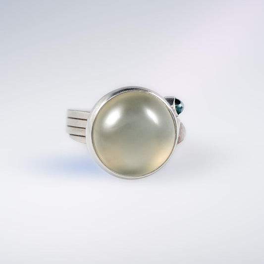 Lunar Ring with Moonstone, Diamond and Green Tourmaline in Fairtrade and Fairmined Platinum