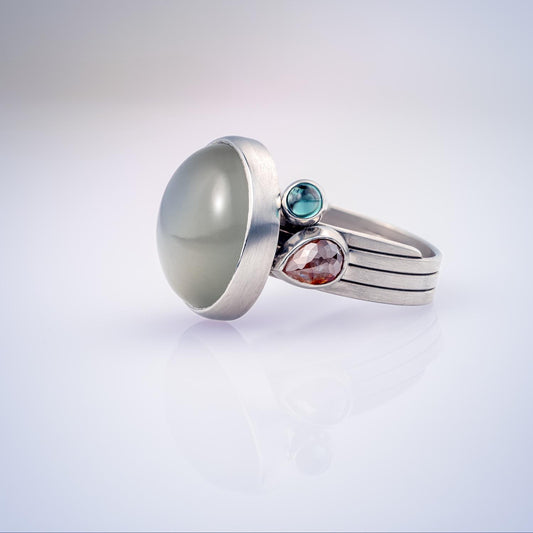 Lunar Ring with Moonstone, Diamond and Green Tourmaline in Fairtrade and Fairmined Platinum