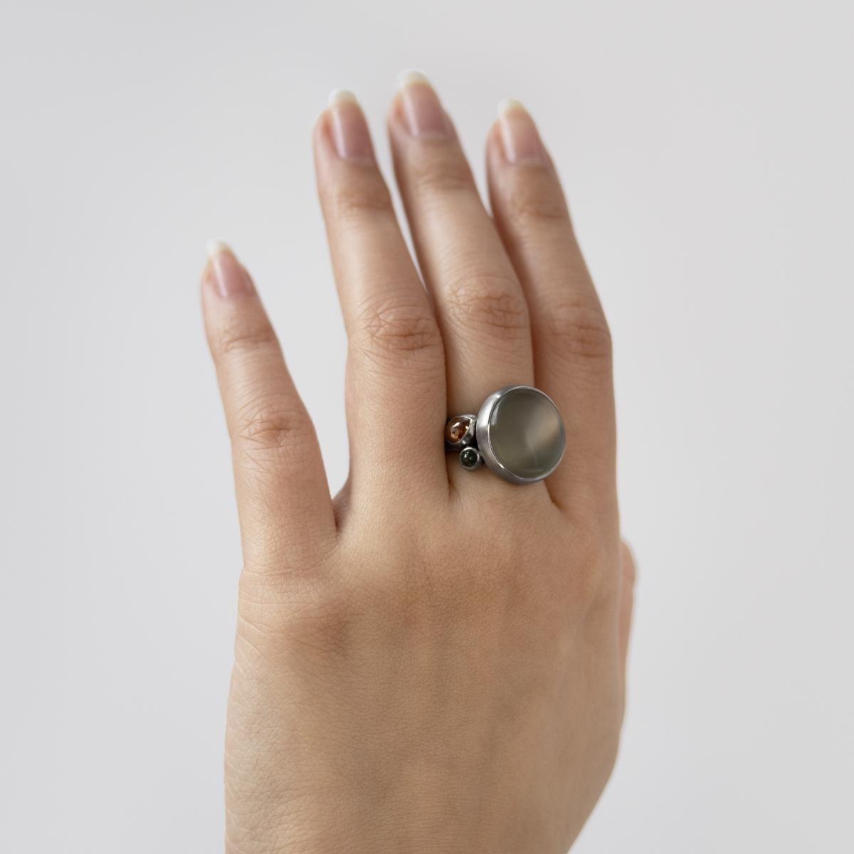 Lunar Ring with Moonstone, Diamond and Green Tourmaline in Fairtrade and Fairmined Platinum