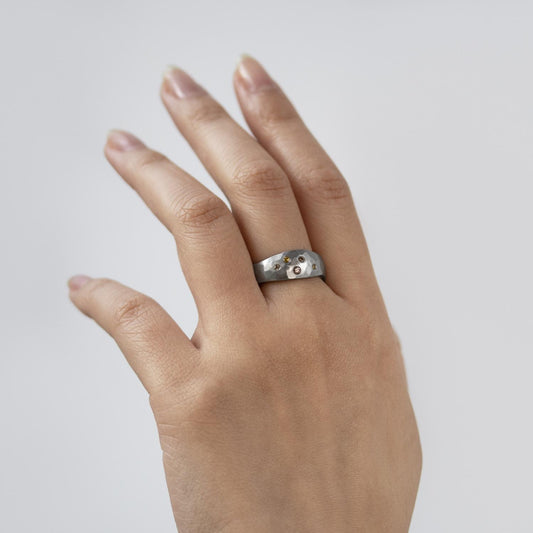Wide London Forged Ring in Platinum with Diamonds